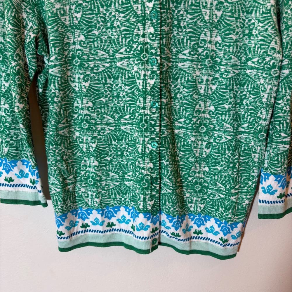 Talbots Petite Medium Green Abstract Floral Border Button Front Cardigan Sweater - Picture 3 of 6
